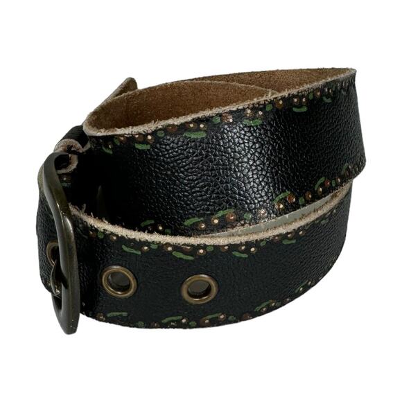 Boho Artisan Black Distressed Painted Floral Belt OS Cottage Western Casual - Picture 3 of 5